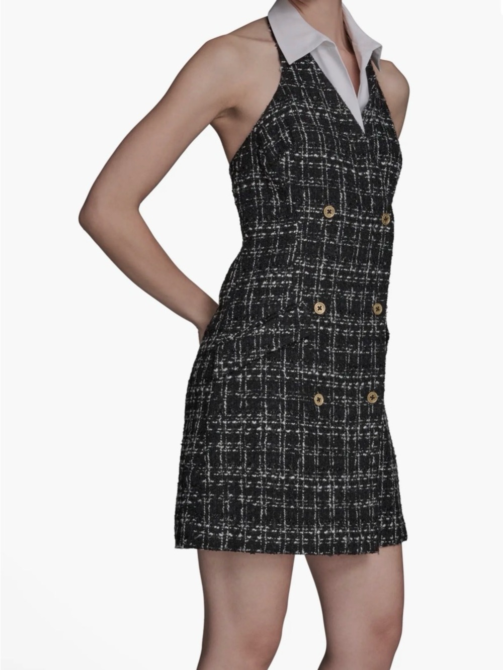 BCBG Sleeveless Black & White Tweed Halter Dress w/ Gold Buttons, Faux Pockets - Picture 2 of 13